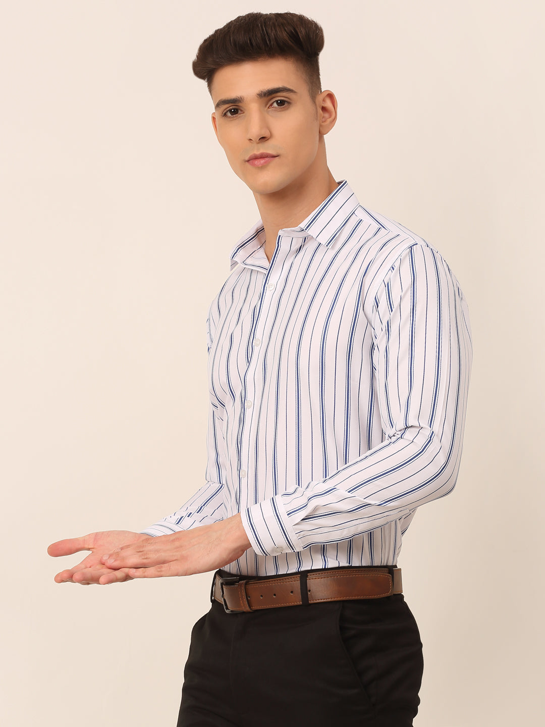 Jainish Men's White & Blue Classic Striped Formal Shirt - Distacart