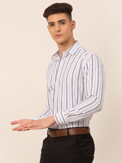 Jainish Men's White & Blue Classic Striped Formal Shirt - Distacart