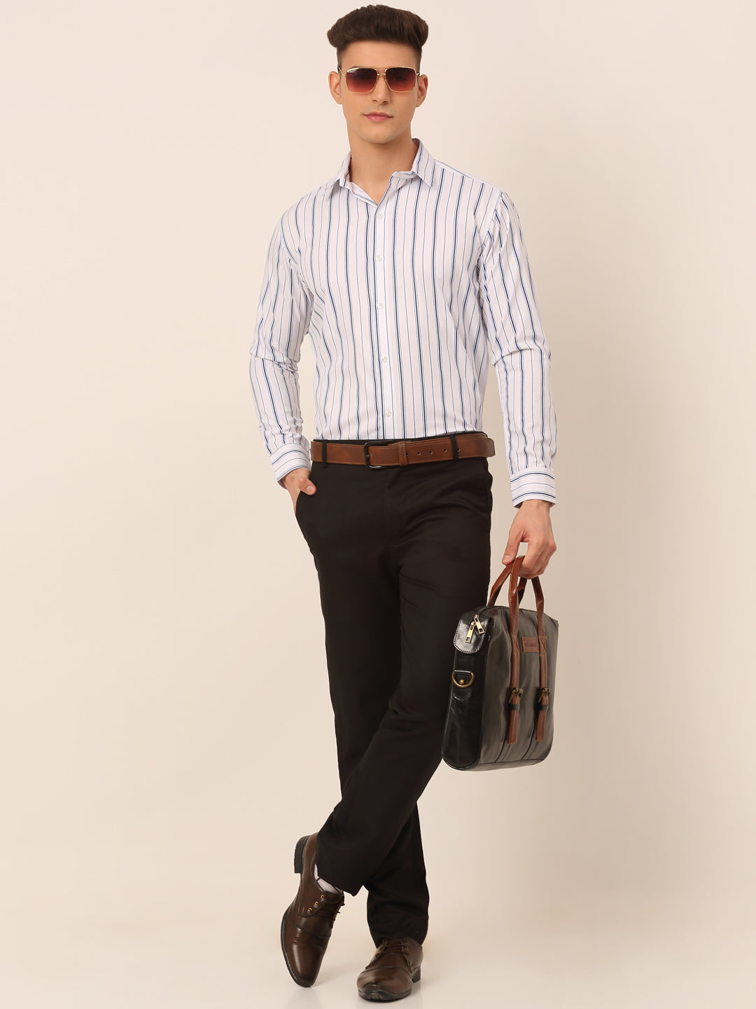 Jainish Men's White & Blue Classic Striped Formal Shirt - Distacart