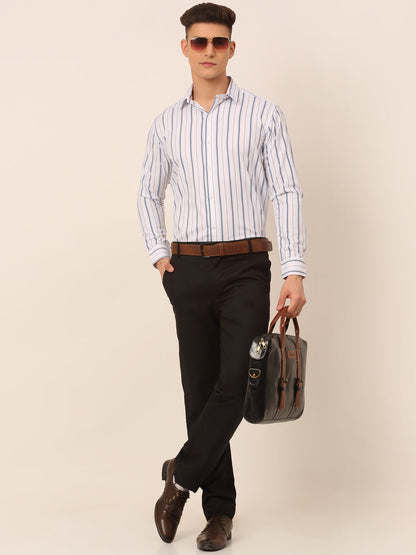 Jainish Men's White & Blue Classic Striped Formal Shirt - Distacart