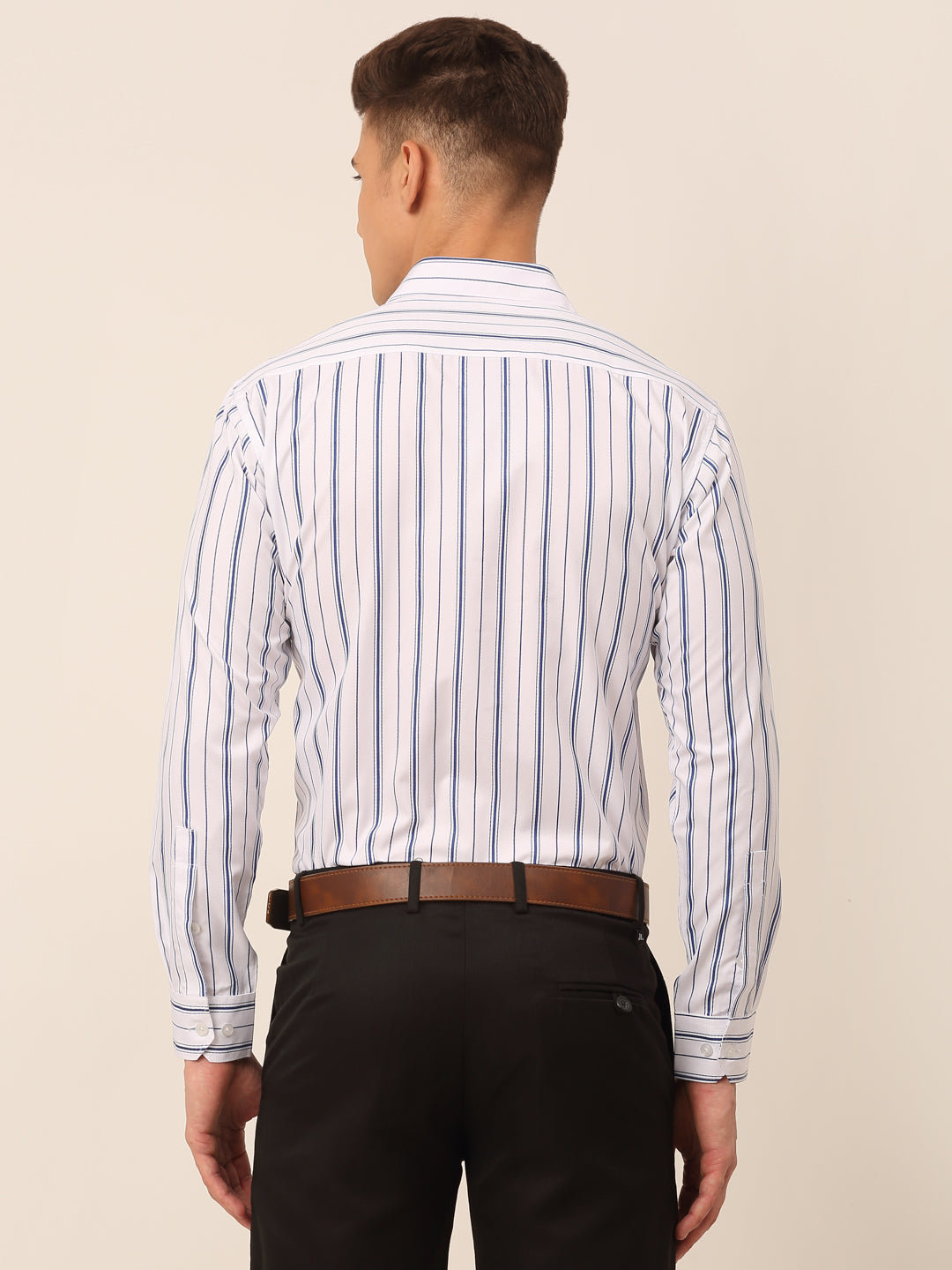 Jainish Men's White & Blue Classic Striped Formal Shirt - Distacart