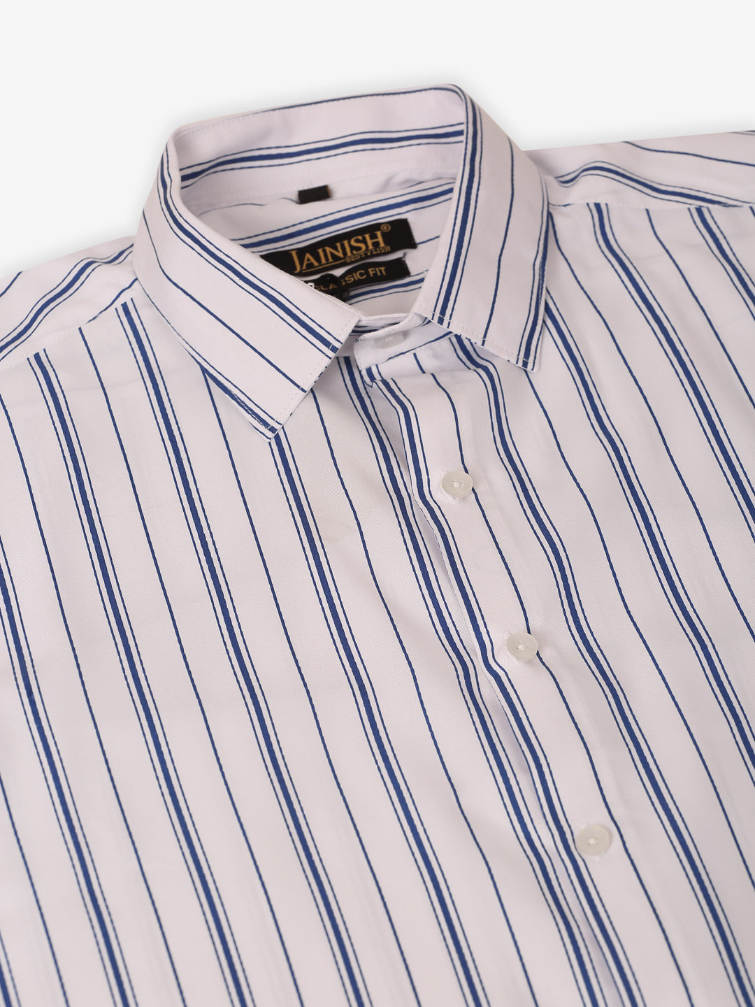 Jainish Men's White & Blue Classic Striped Formal Shirt - Distacart