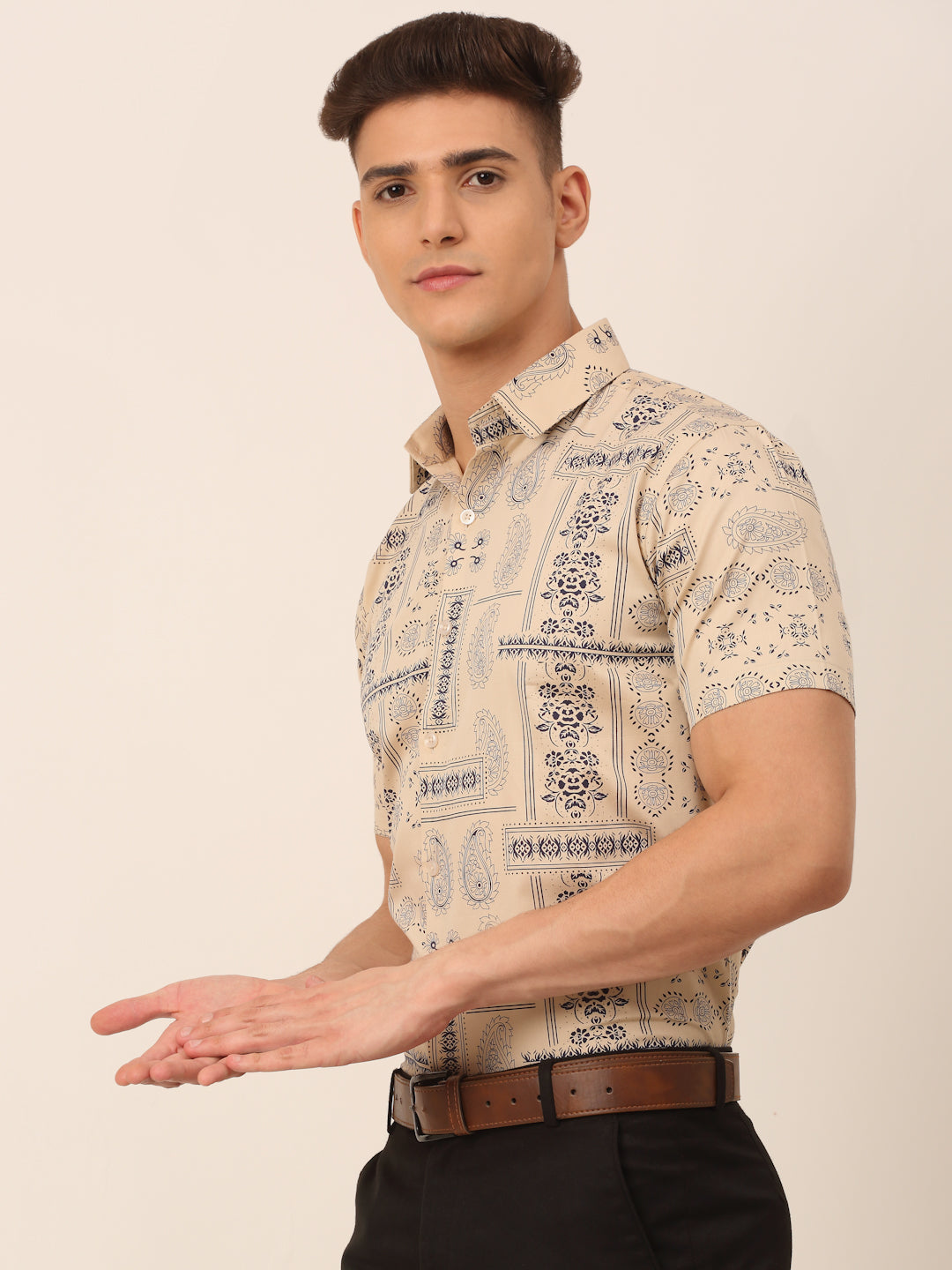 Jainish Men's Cotton Printed Formal Shirts - Beige - Distacart