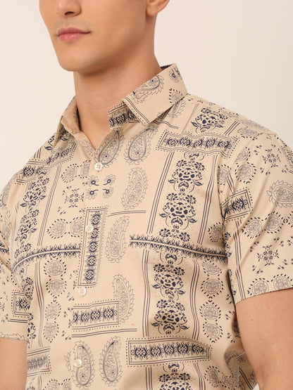 Jainish Men's Cotton Printed Formal Shirts - Beige - Distacart