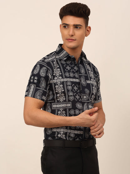 Jainish Men's Cotton Printed Formal Shirts - Navy Blue - Distacart