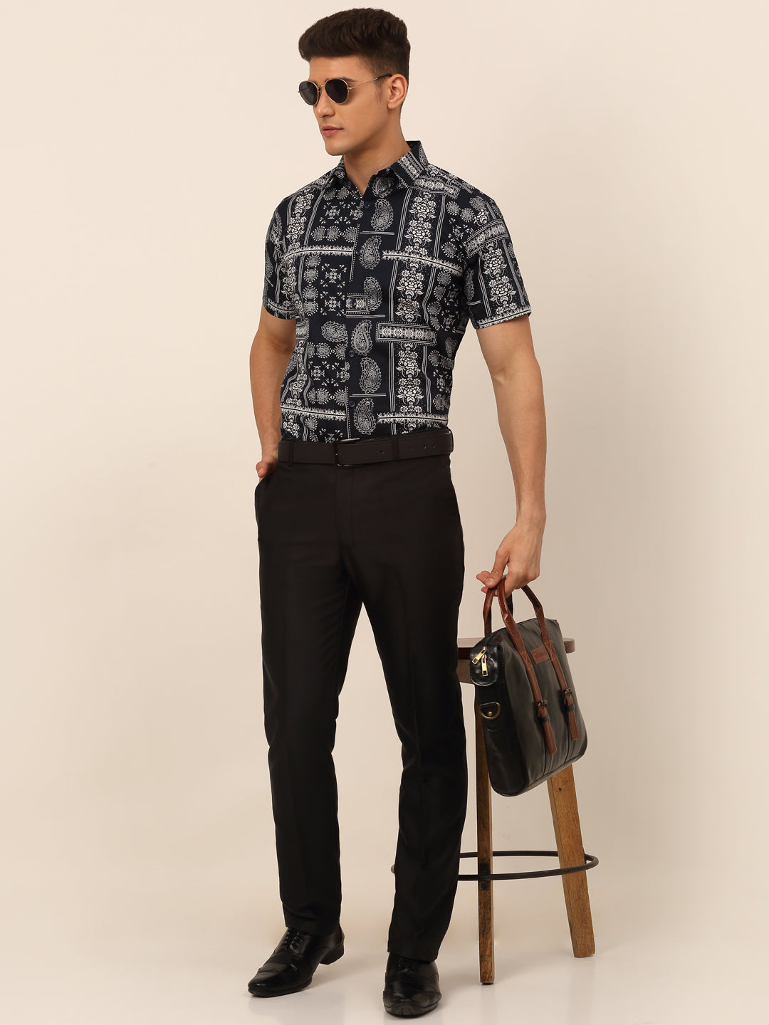 Jainish Men's Cotton Printed Formal Shirts - Navy Blue - Distacart