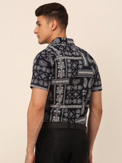 Jainish Men's Cotton Printed Formal Shirts - Navy Blue - Distacart