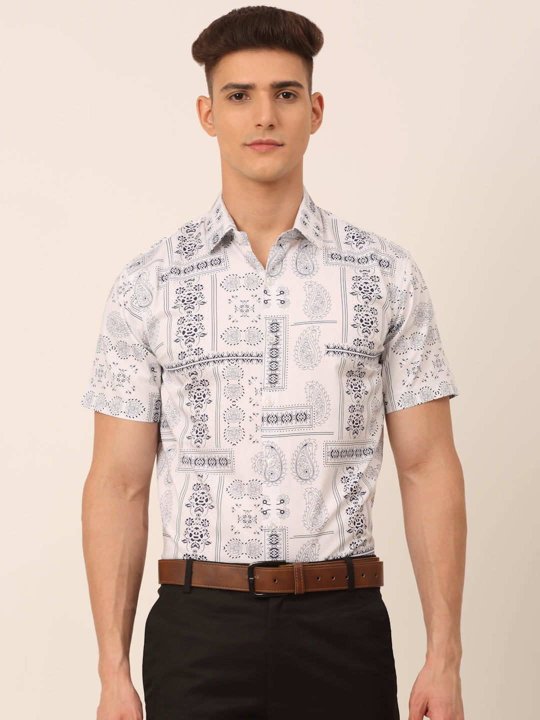 Jainish Men's Cotton Printed Formal Shirts - White - Distacart