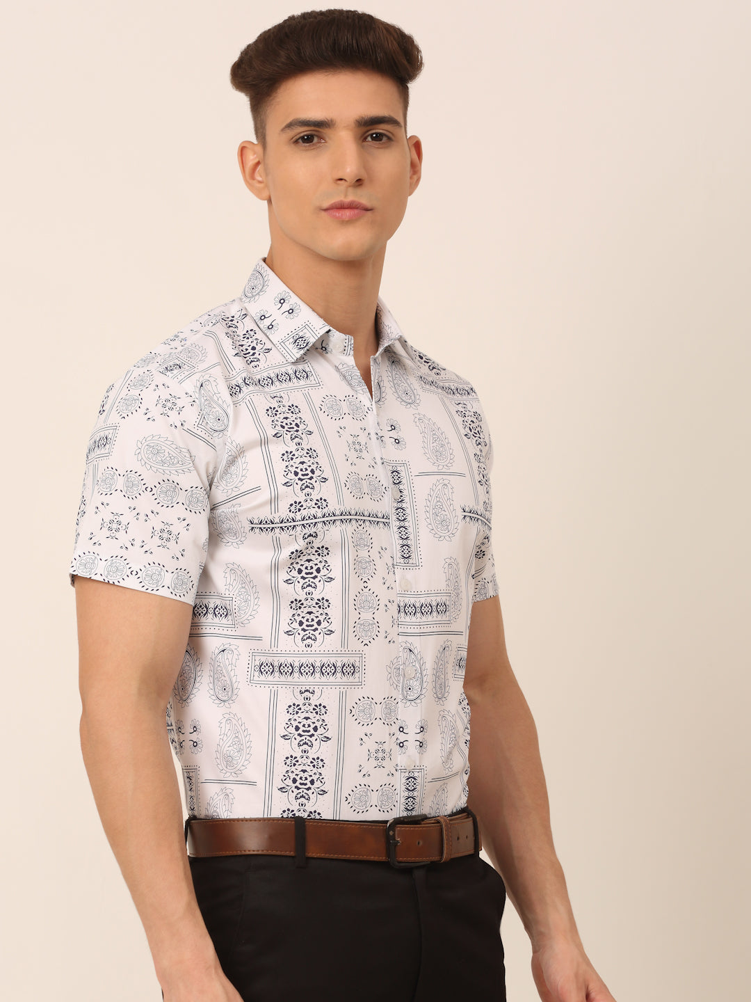 Jainish Men's Cotton Printed Formal Shirts - White - Distacart