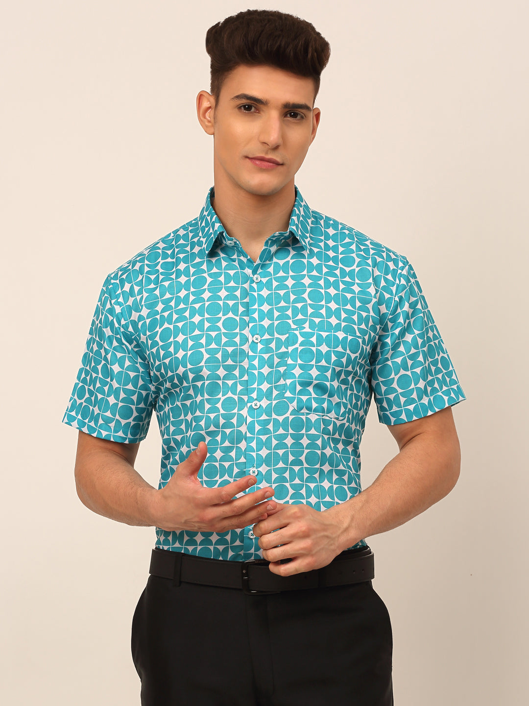 Jainish Men's Cotton Printed Formal Shirts - Aqua - Distacart