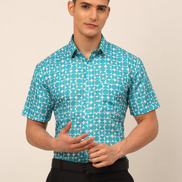 Jainish Men's Cotton Printed Formal Shirts - Aqua - Distacart