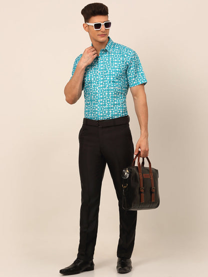 Jainish Men's Cotton Printed Formal Shirts - Aqua - Distacart