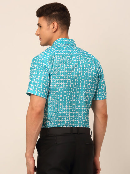 Jainish Men's Cotton Printed Formal Shirts - Aqua - Distacart