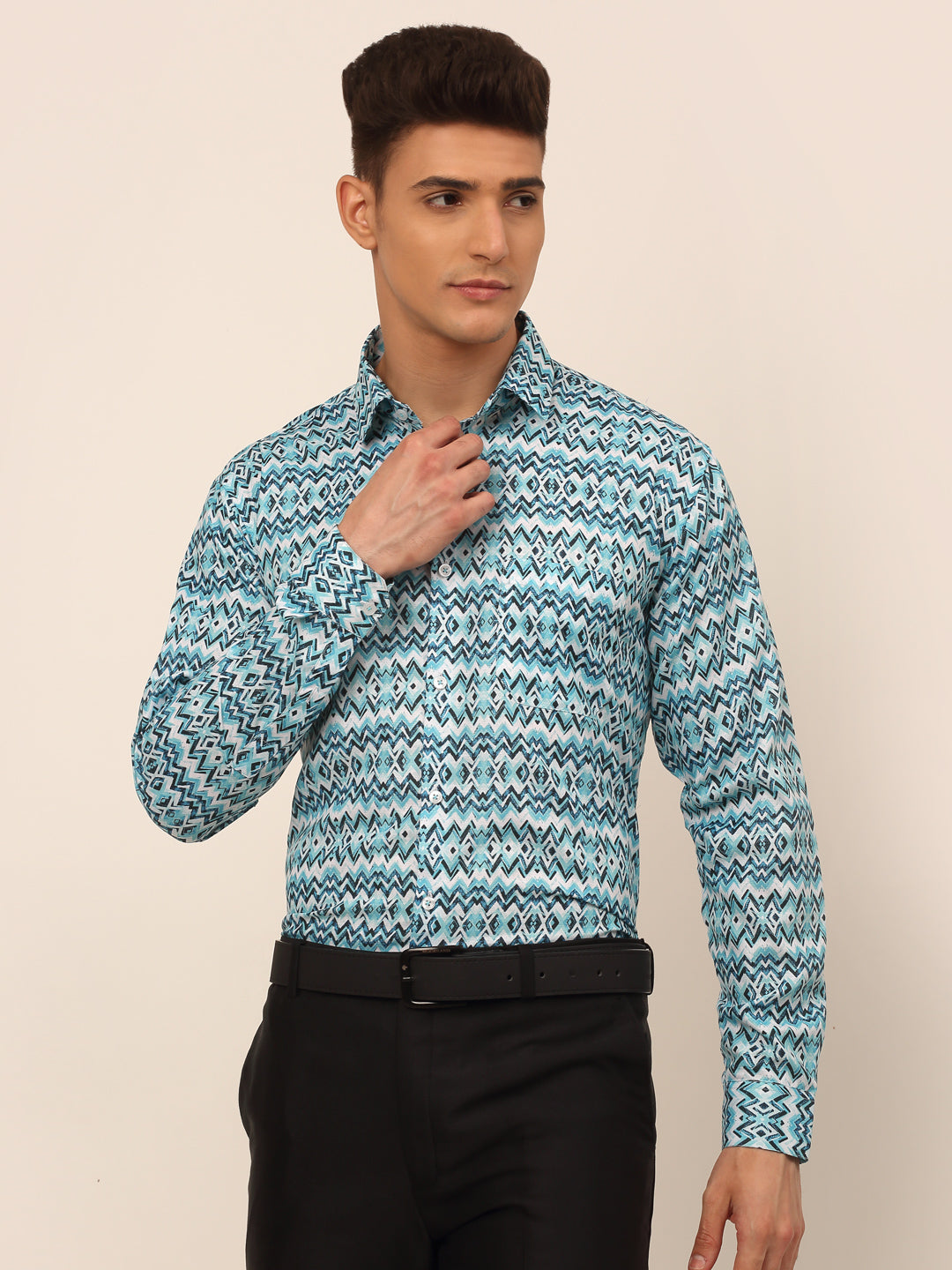 Jainish Men's Cotton Printed Formal Shirts - Sky Blue - Distacart