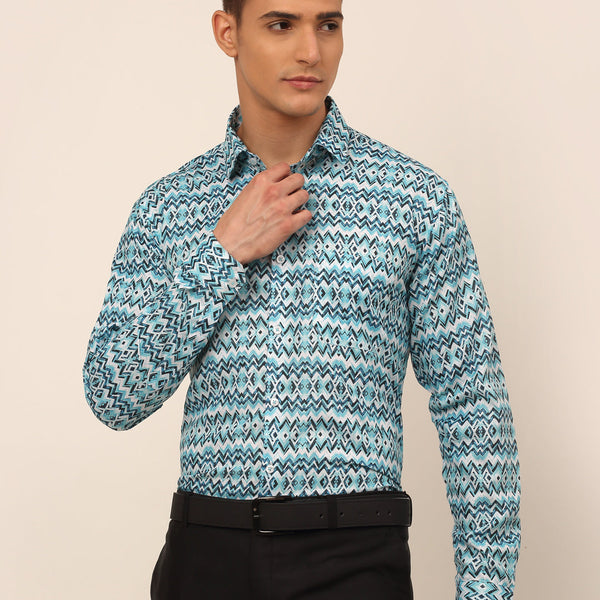 Jainish Men's Cotton Printed Formal Shirts - Sky Blue - Distacart