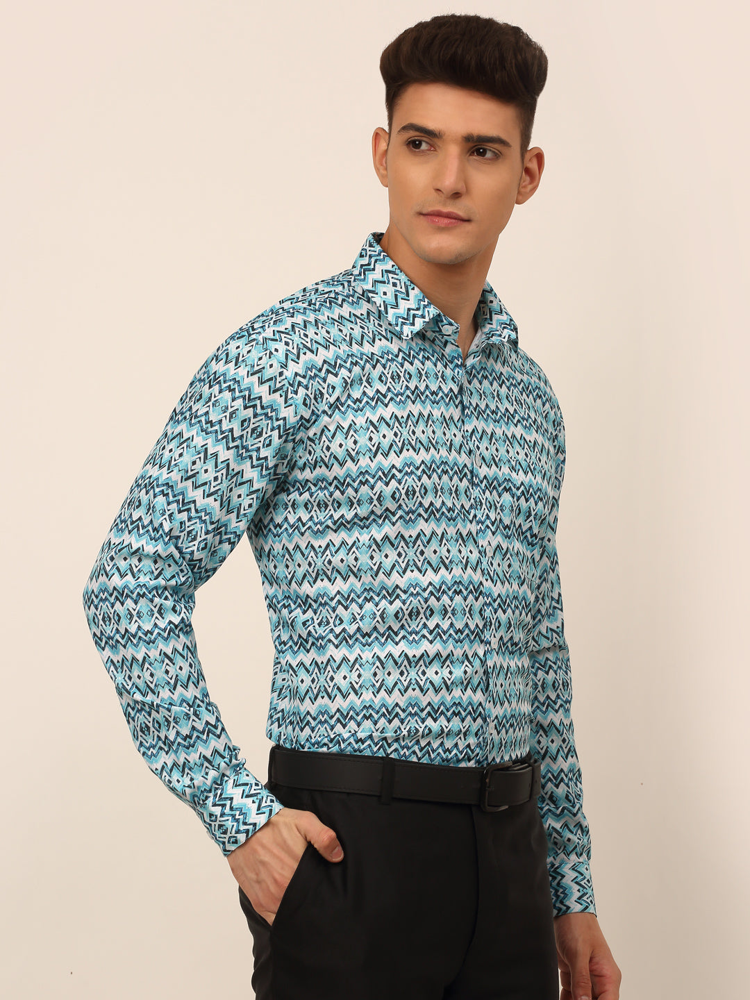 Jainish Men's Cotton Printed Formal Shirts - Sky Blue - Distacart