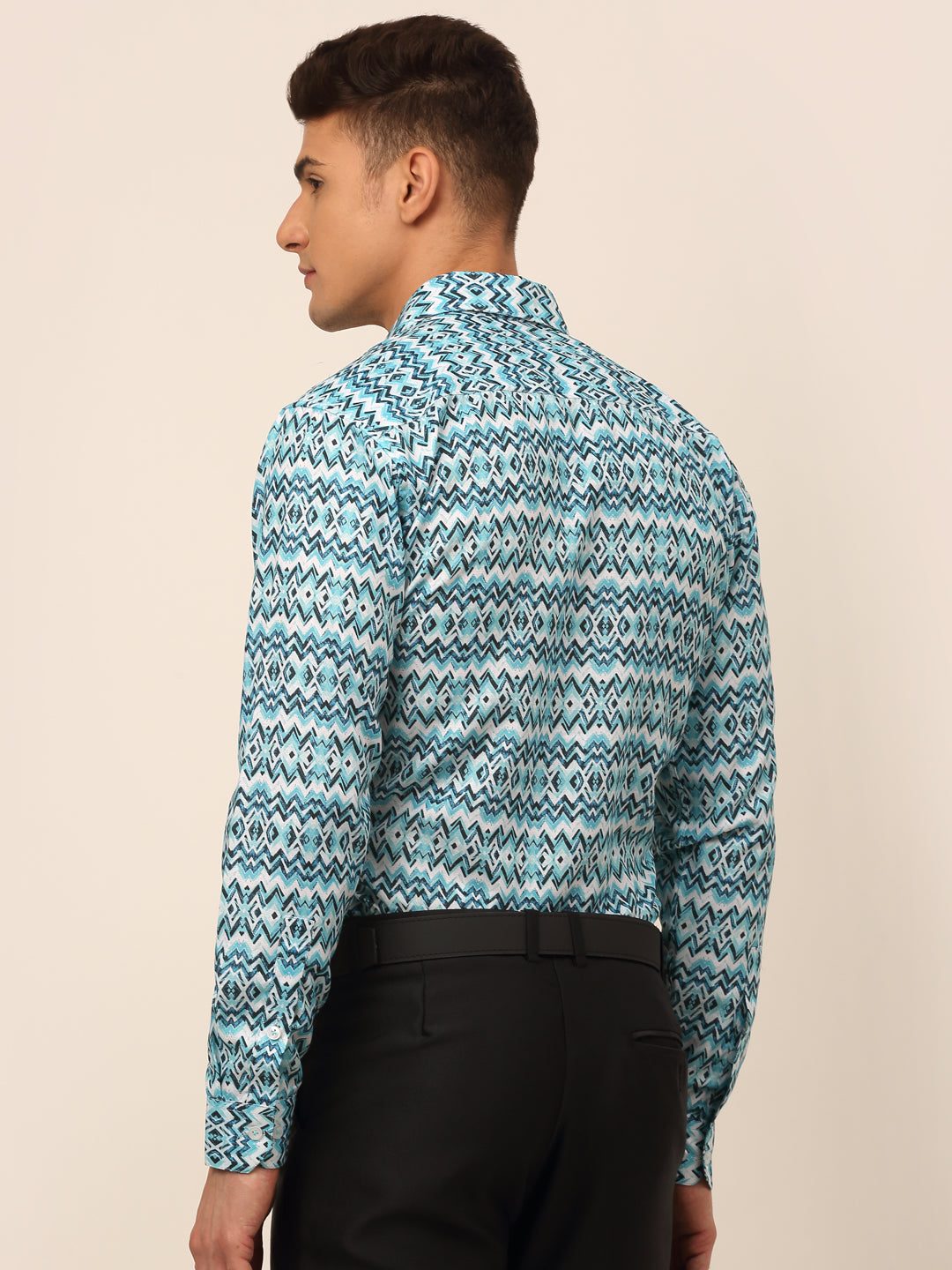 Jainish Men's Cotton Printed Formal Shirts - Sky Blue - Distacart