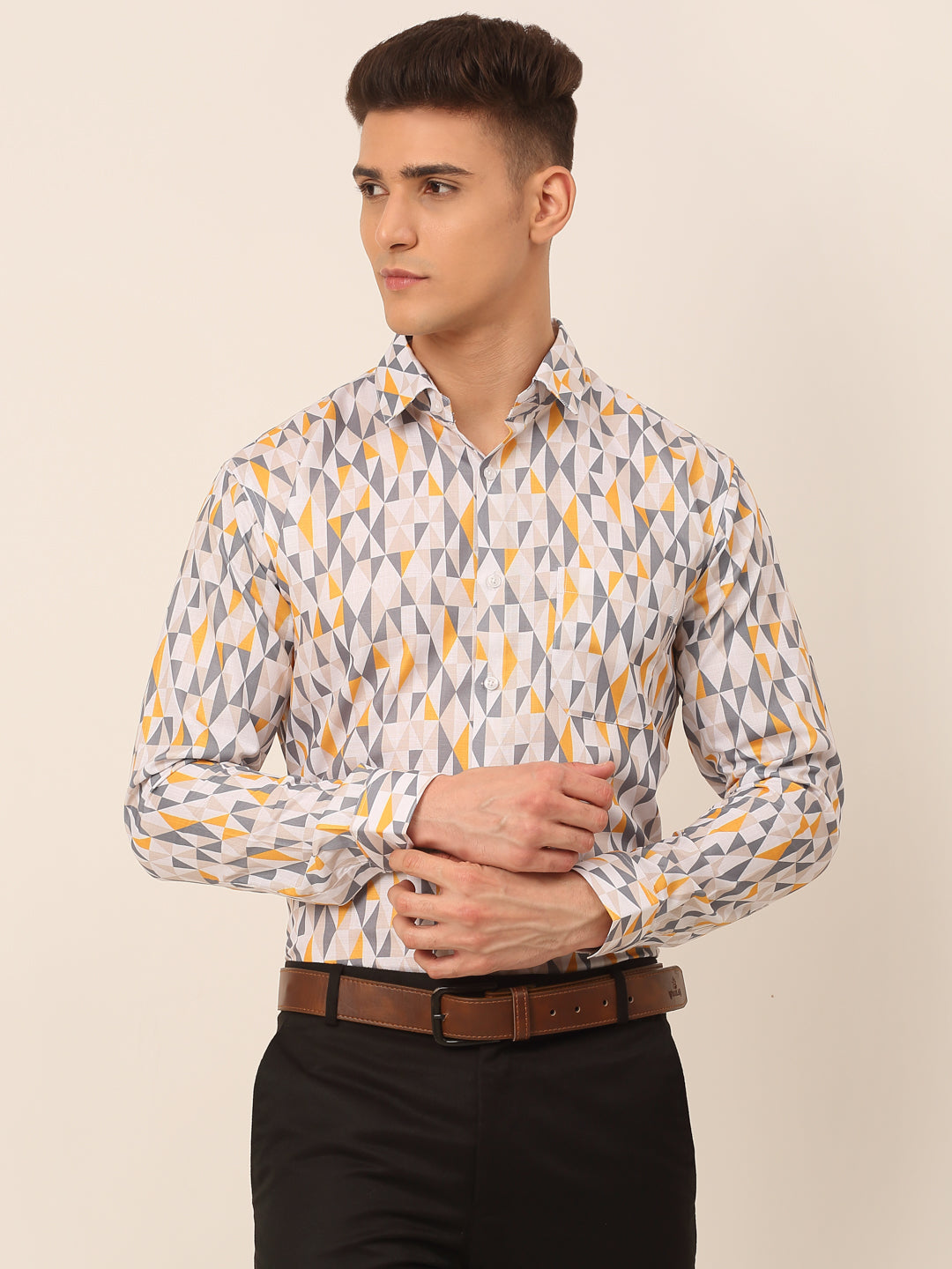 Jainish Men's Cotton Printed Formal Shirts - White-Grey - Distacart
