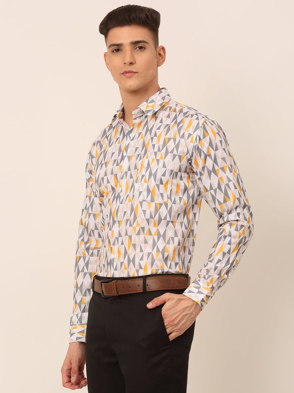 Jainish Men's Cotton Printed Formal Shirts - White-Grey - Distacart