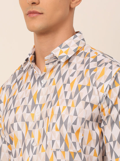 Jainish Men's Cotton Printed Formal Shirts - White-Grey - Distacart