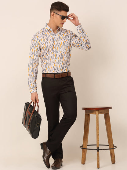 Jainish Men's Cotton Printed Formal Shirts - White-Grey - Distacart