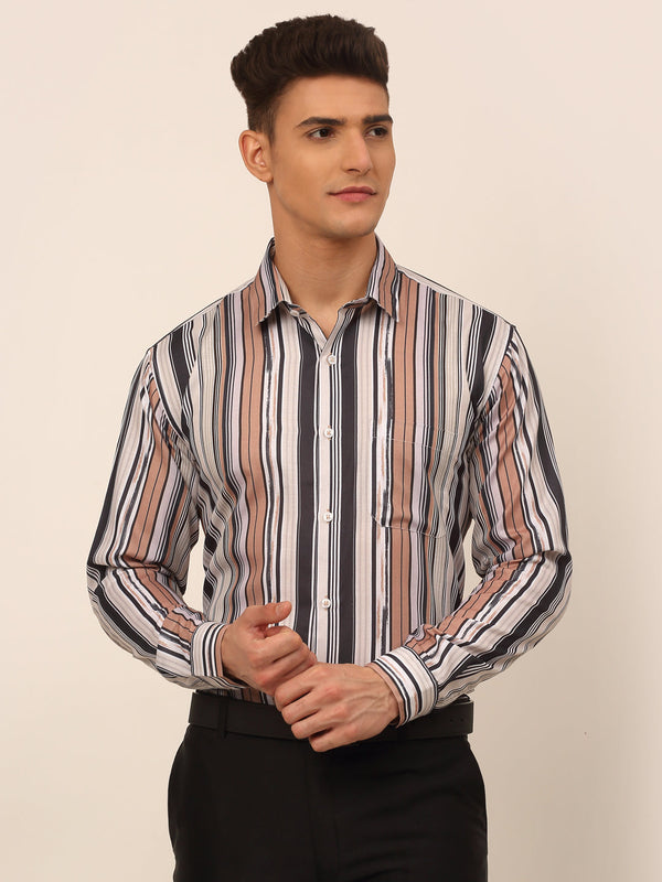 Jainish Men's Cotton Striped Formal Shirts - Brown - Distacart