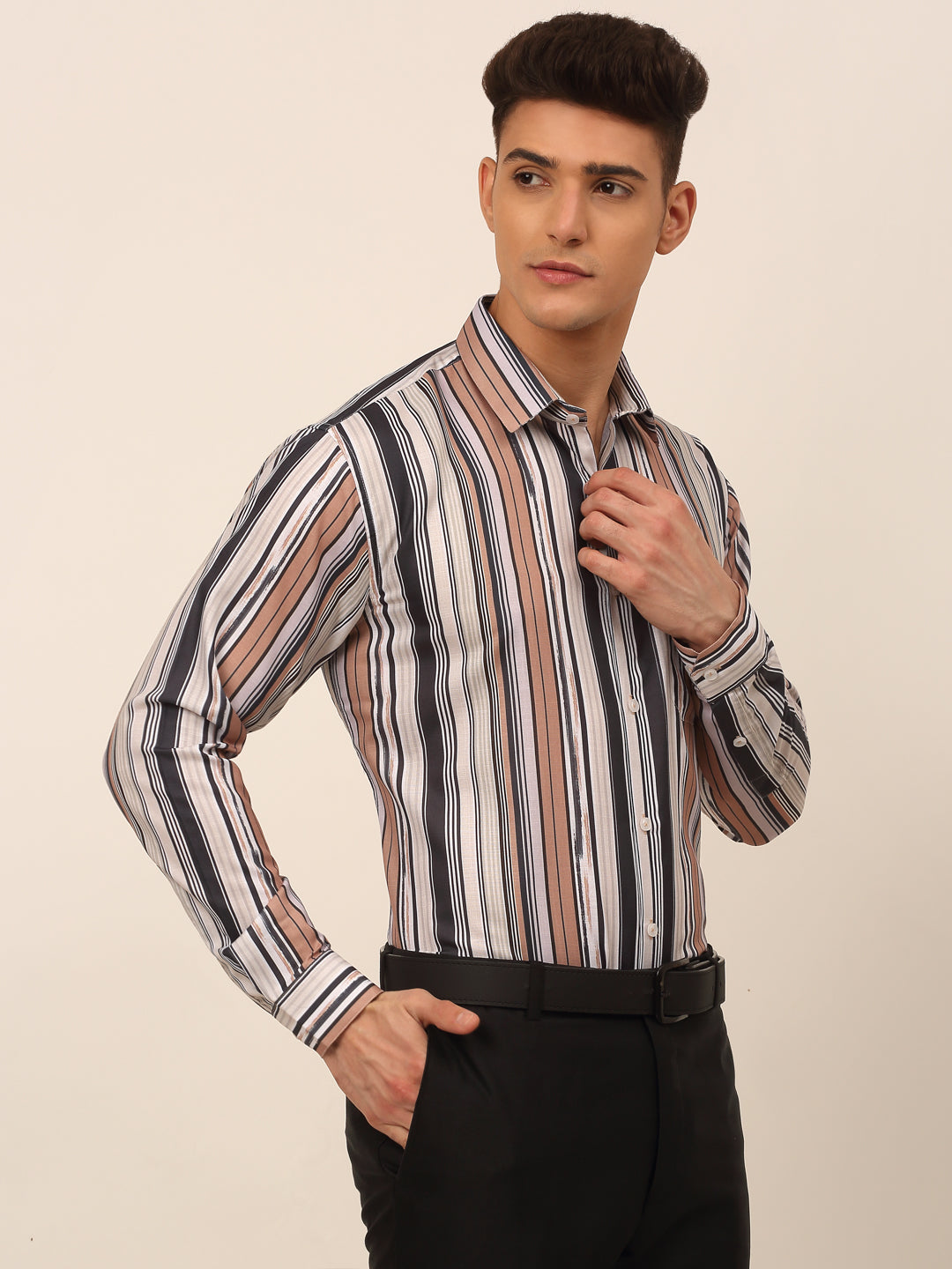 Jainish Men's Cotton Striped Formal Shirts - Brown - Distacart