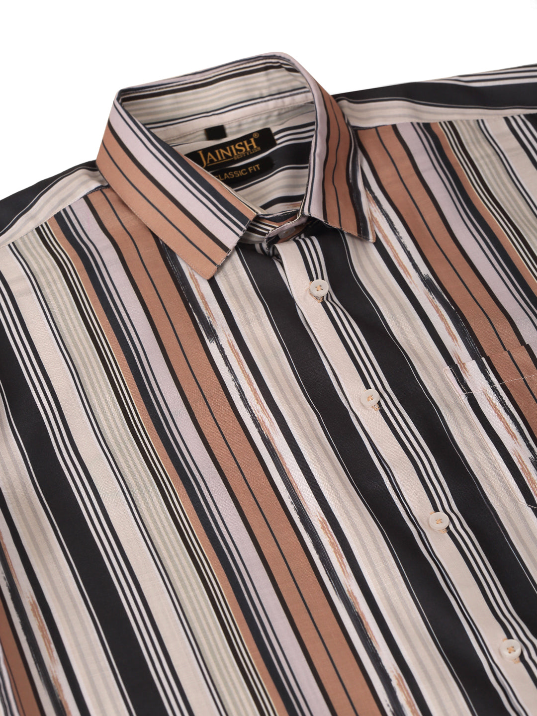 Jainish Men's Cotton Striped Formal Shirts - Brown - Distacart