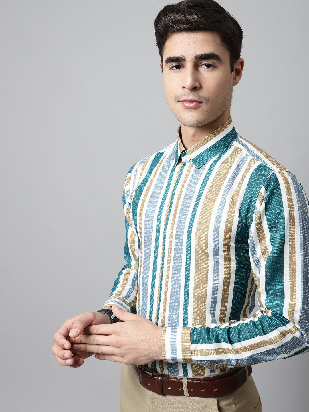 Jainish Men's Green Classic Striped Formal Shirt - Distacart