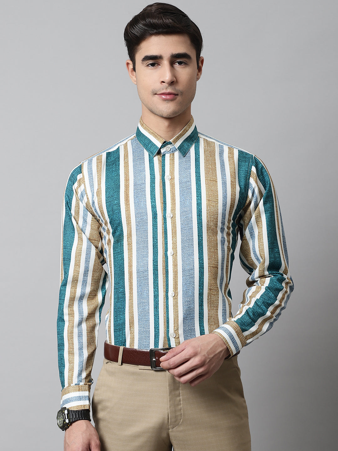 Jainish Men's Green Classic Striped Formal Shirt - Distacart