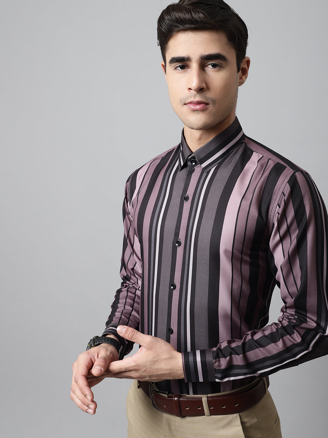 Jainish Men's Wine and Black Classic Striped Formal Shirt - Distacart