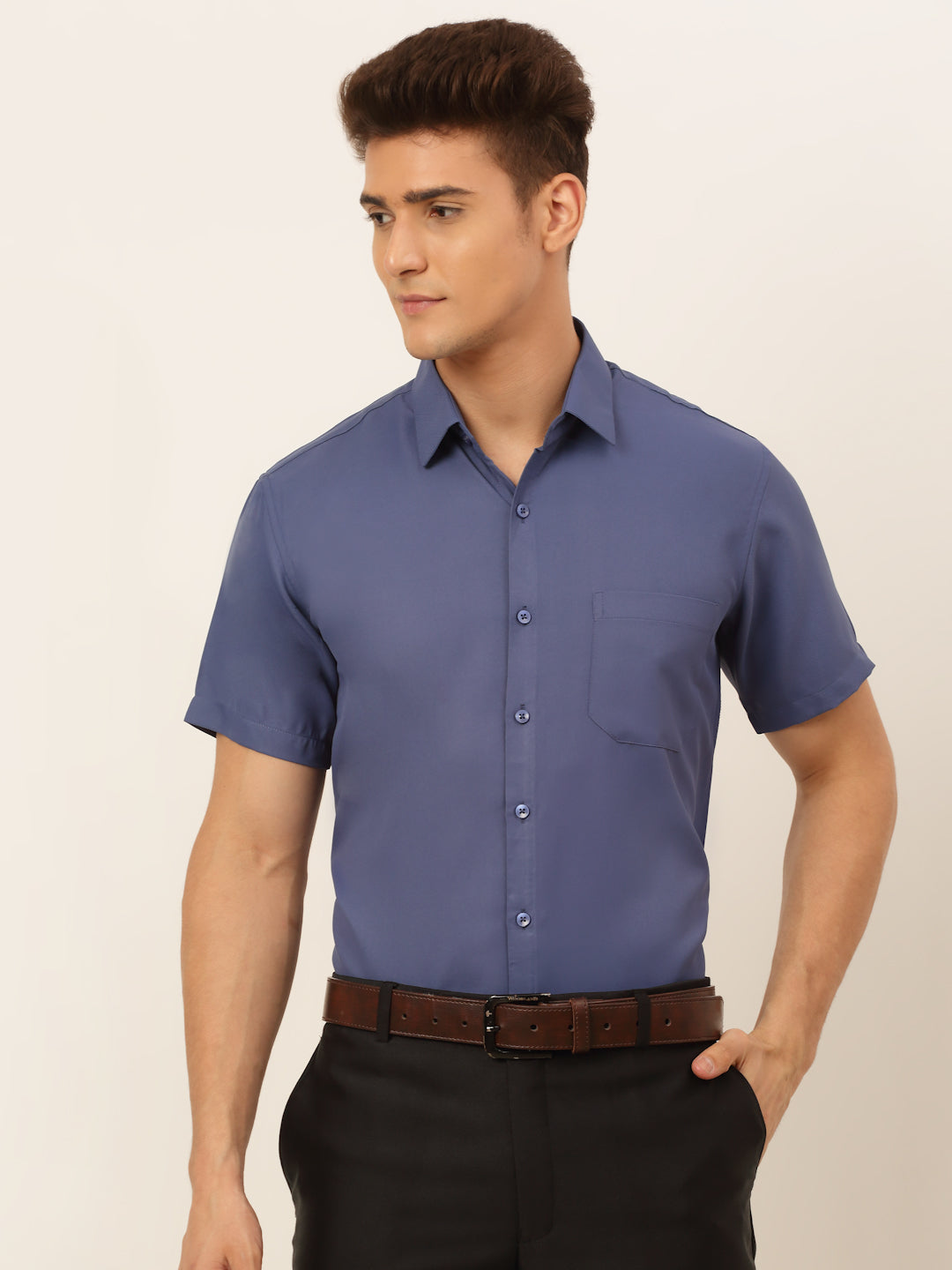 Jainish Men's Cotton Solid Formal Shirt - Blue - Distacart