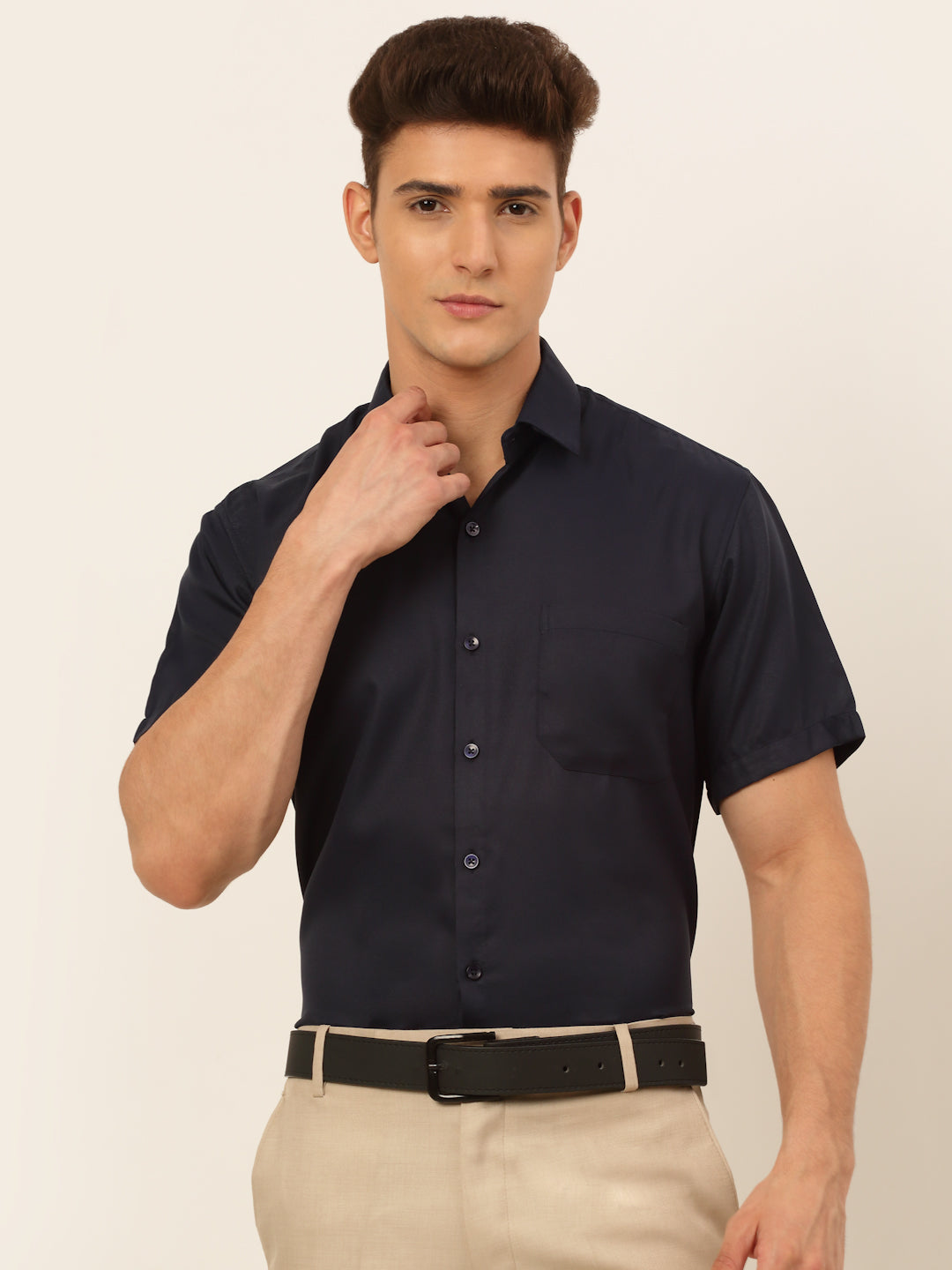 Jainish Men's Cotton Solid Formal Shirt - Navy Blue - Distacart