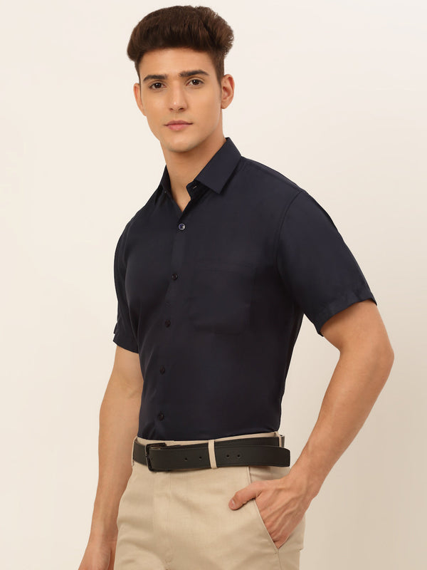 Jainish Men's Cotton Solid Formal Shirt - Navy Blue - Distacart