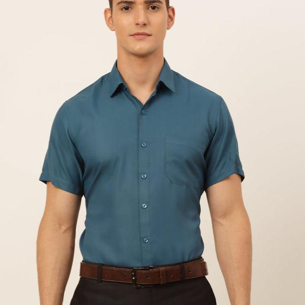 Jainish Men's Cotton Solid Formal Shirt - Teal - Distacart