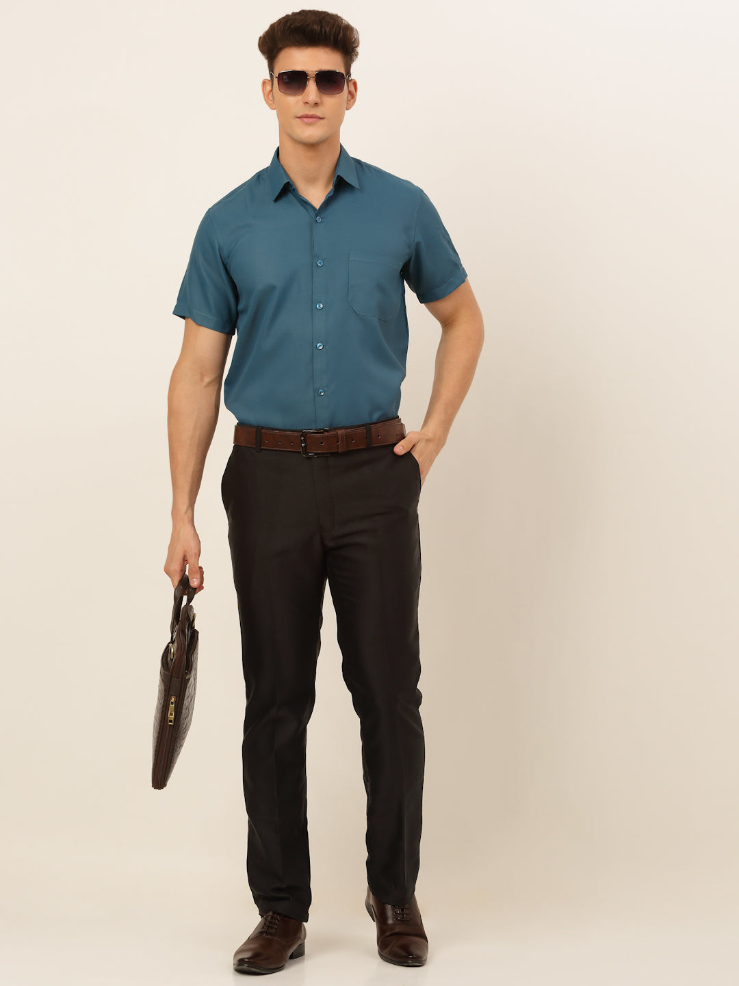 Jainish Men's Cotton Solid Formal Shirt - Teal - Distacart