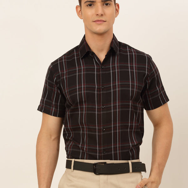 Jainish Men's Cotton Checked Formal Shirts - Black - Distacart