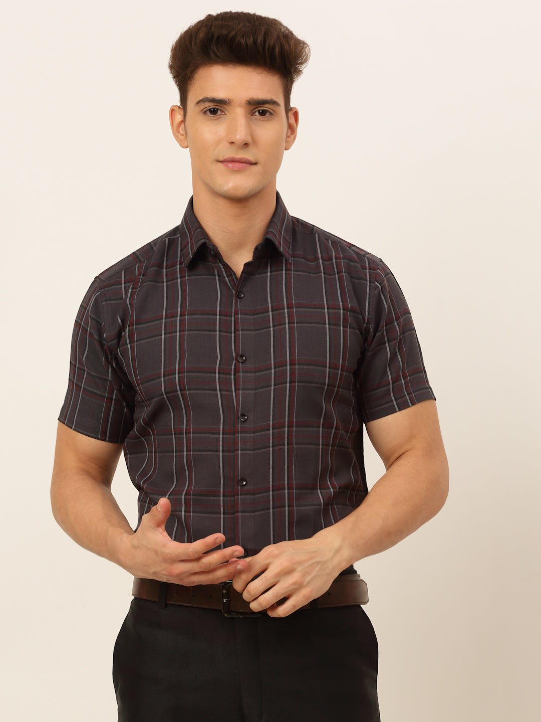 Jainish Men's Cotton Checked Formal Shirts - Brown - Distacart