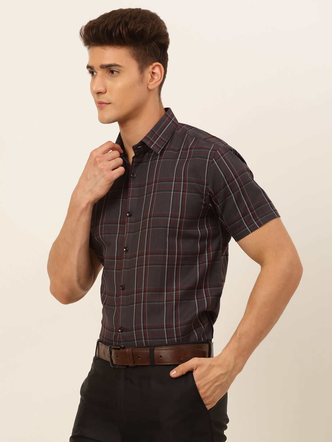 Jainish Men's Cotton Checked Formal Shirts - Brown - Distacart