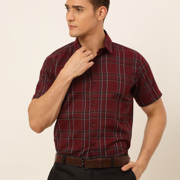 Jainish Men's Cotton Checked Formal Shirts - Maroon - Distacart
