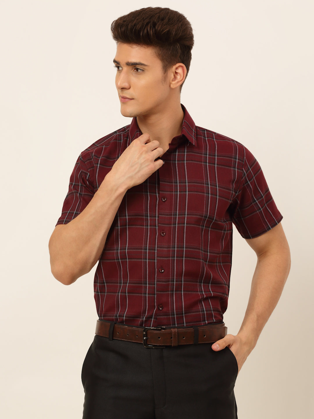 Jainish Men's Cotton Checked Formal Shirts - Maroon - Distacart