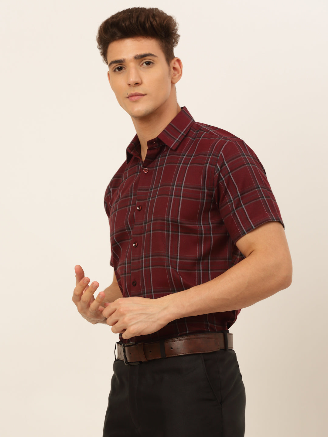 Jainish Men's Cotton Checked Formal Shirts - Maroon - Distacart
