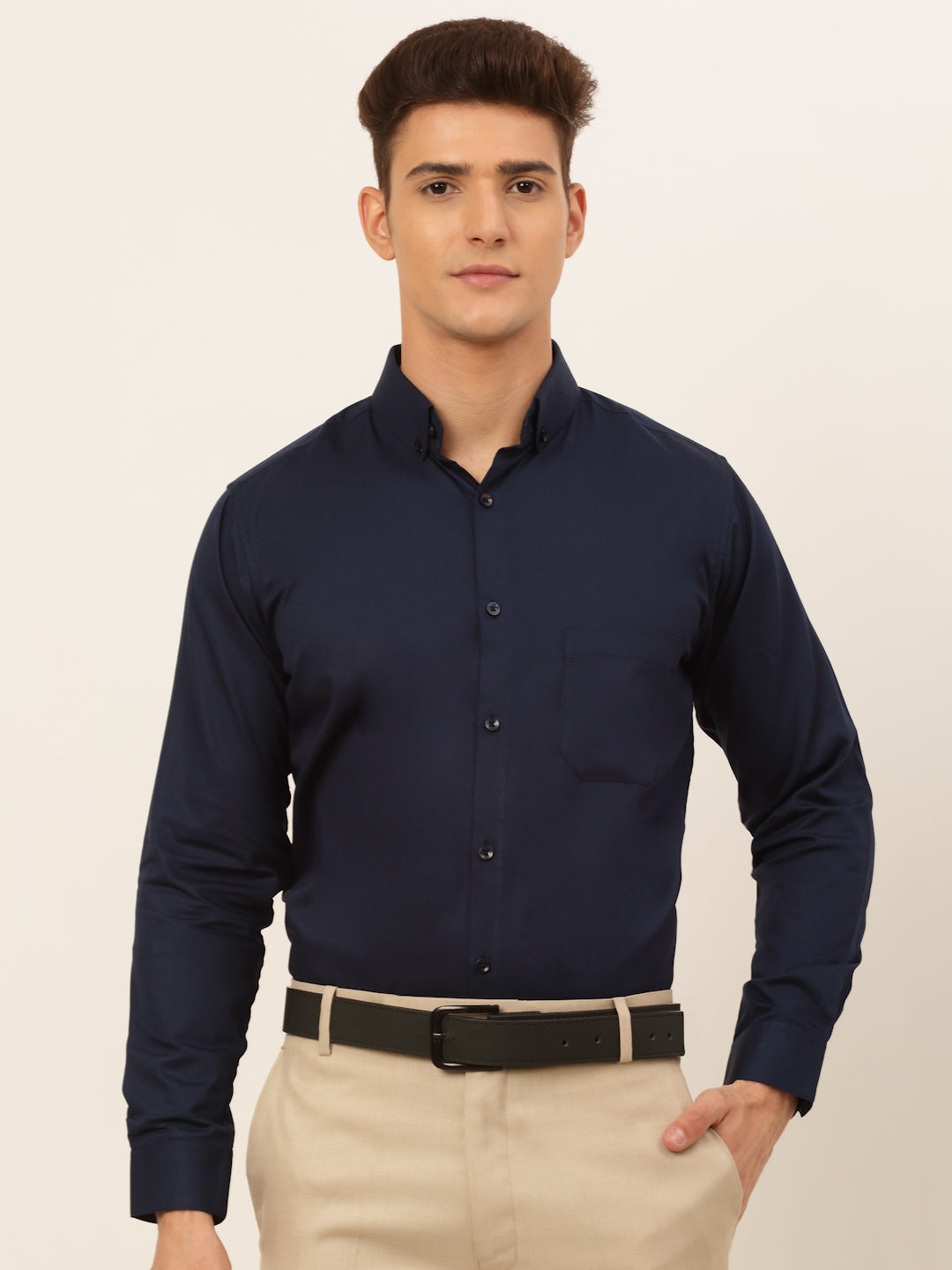 Jainish Men's Cotton Solid Formal Shirt - Navy Blue - Distacart