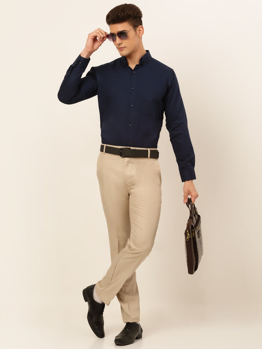 Jainish Men's Cotton Solid Formal Shirt - Navy Blue - Distacart