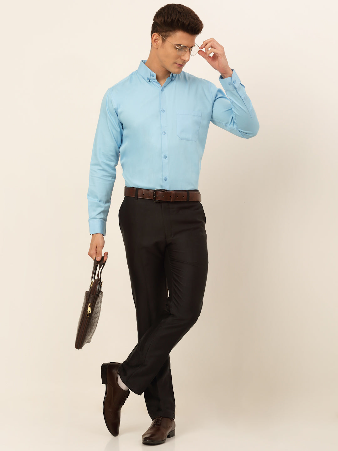 Jainish Men's Cotton Solid Formal Shirt - Sky Blue - Distacart