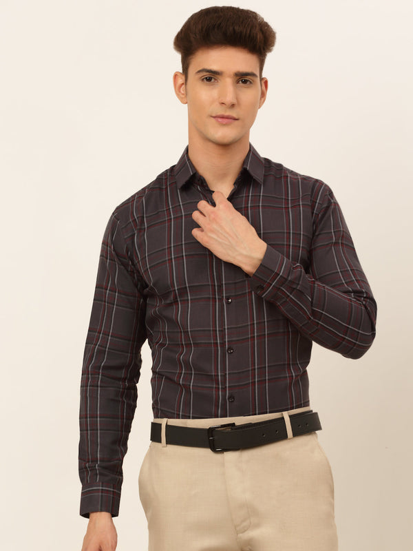 Jainish Men's Cotton Checked Formal Shirts - Brown - Distacart