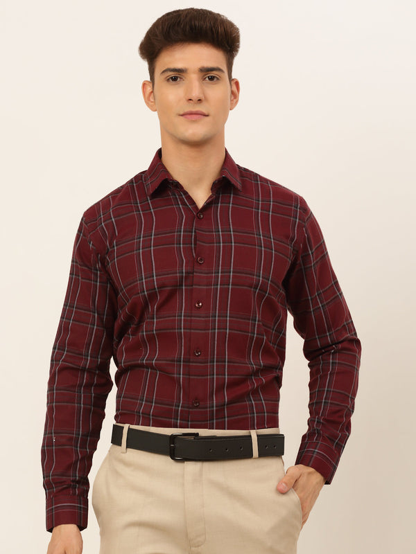 Jainish Men's Cotton Checked Formal Shirts - Maroon - Distacart
