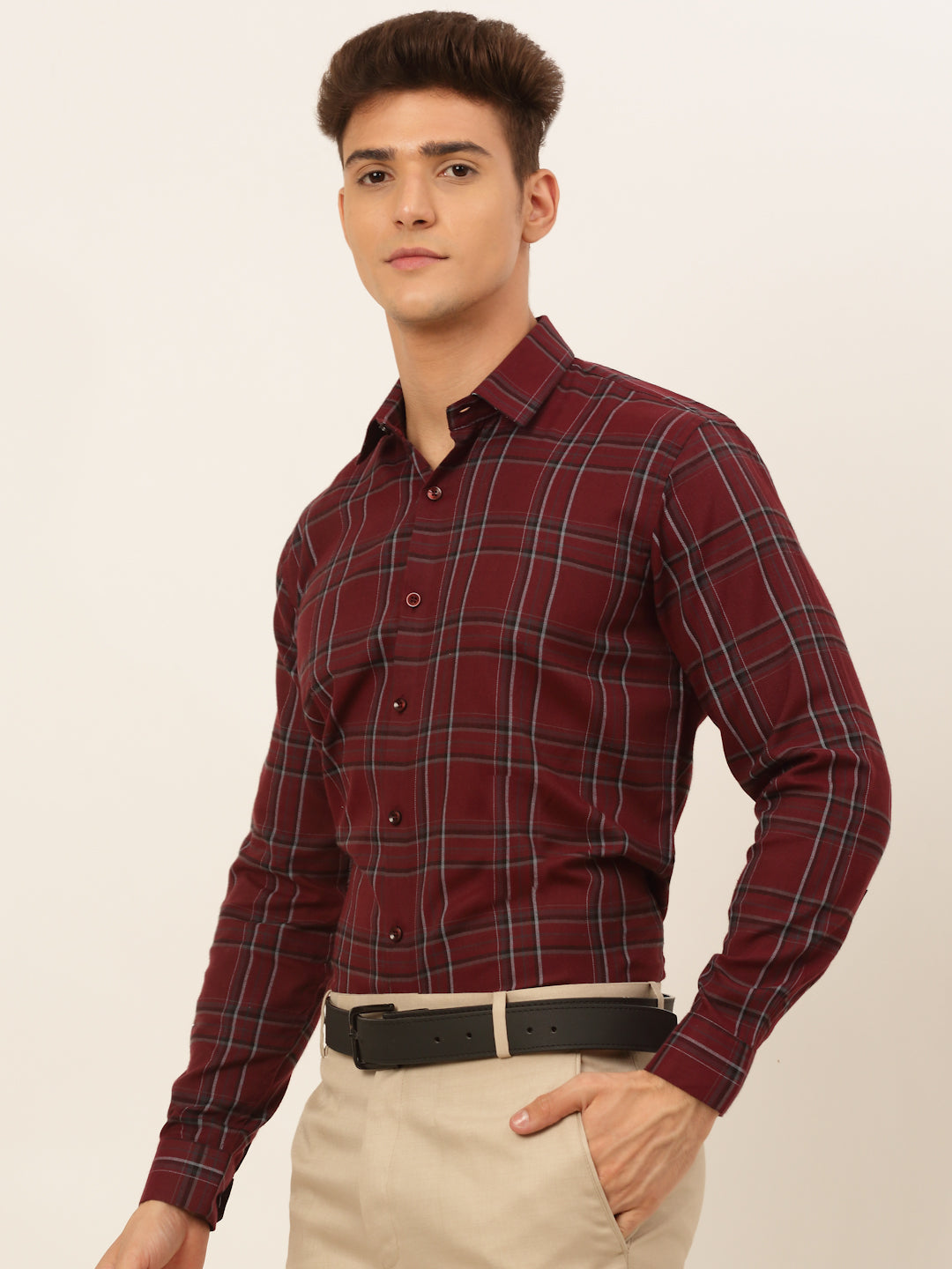 Jainish Men's Cotton Checked Formal Shirts - Maroon - Distacart