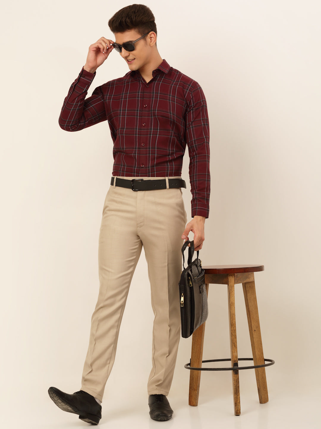 Jainish Men's Cotton Checked Formal Shirts - Maroon - Distacart