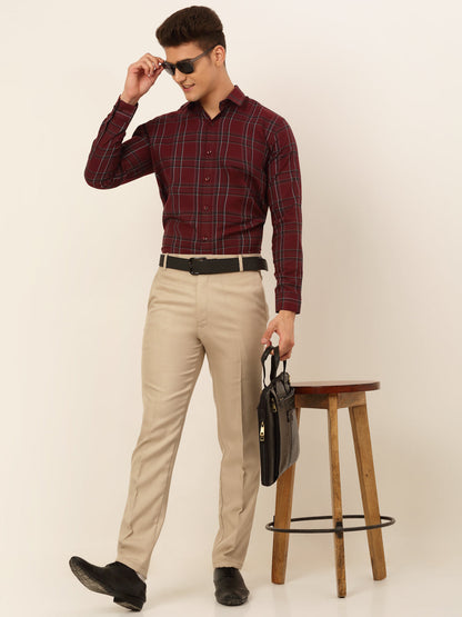 Jainish Men's Cotton Checked Formal Shirts - Maroon - Distacart
